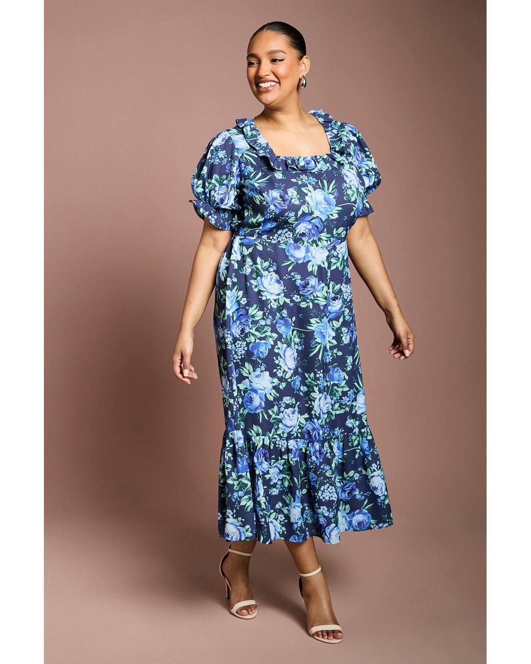 Dorothy Perkins Blue Plus Ruffle Neckline Frill Sleeve Tiered Midi Dress