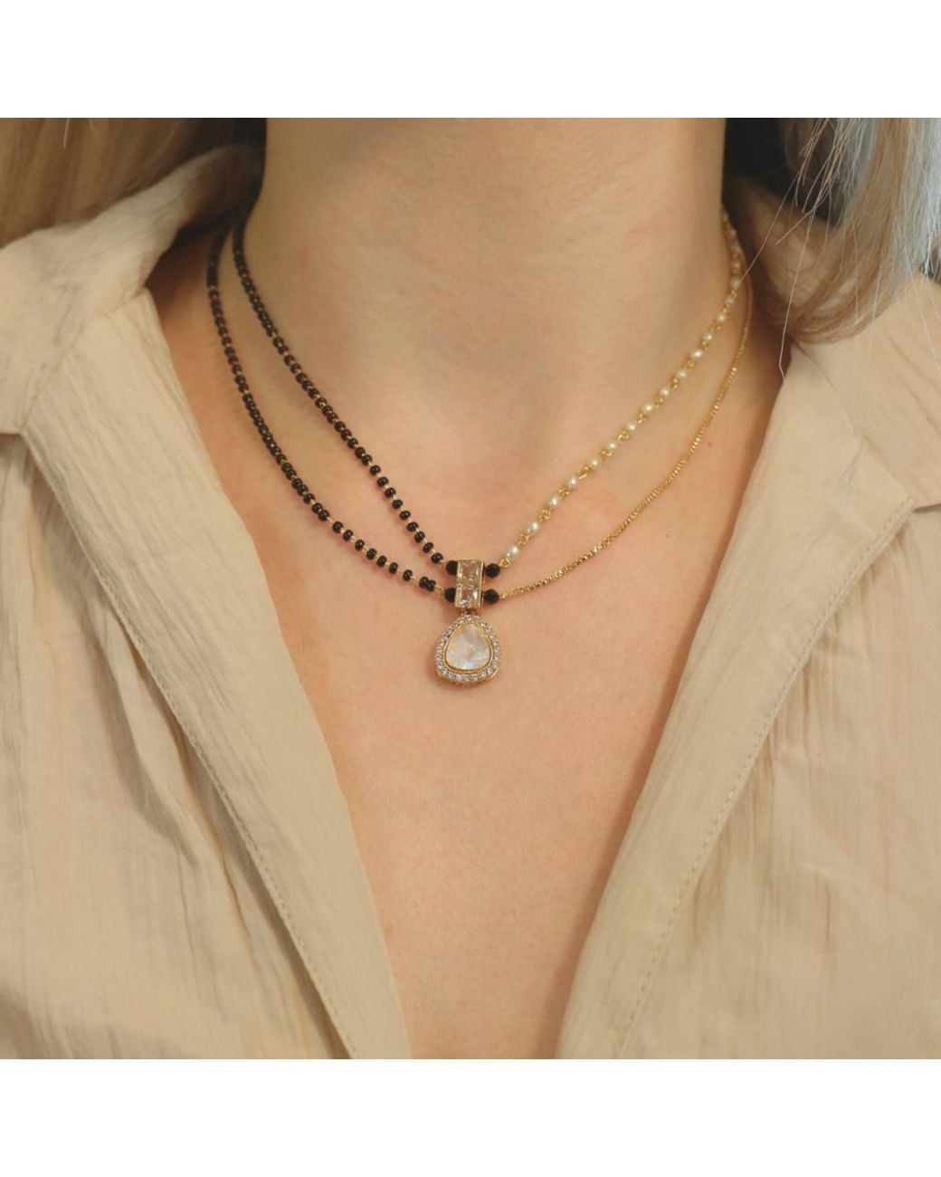 The Colourful Aura Natural Two Layer Pearl Zircon Tear Drop Mangalsutra Pendant