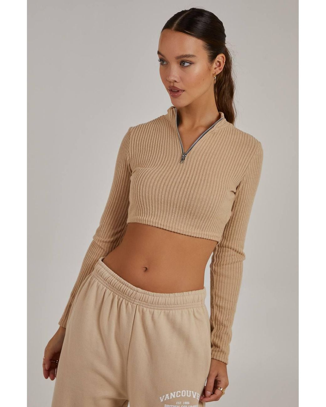 Pink Vanilla Brown Chunky Brushed Rib Zip Up Top