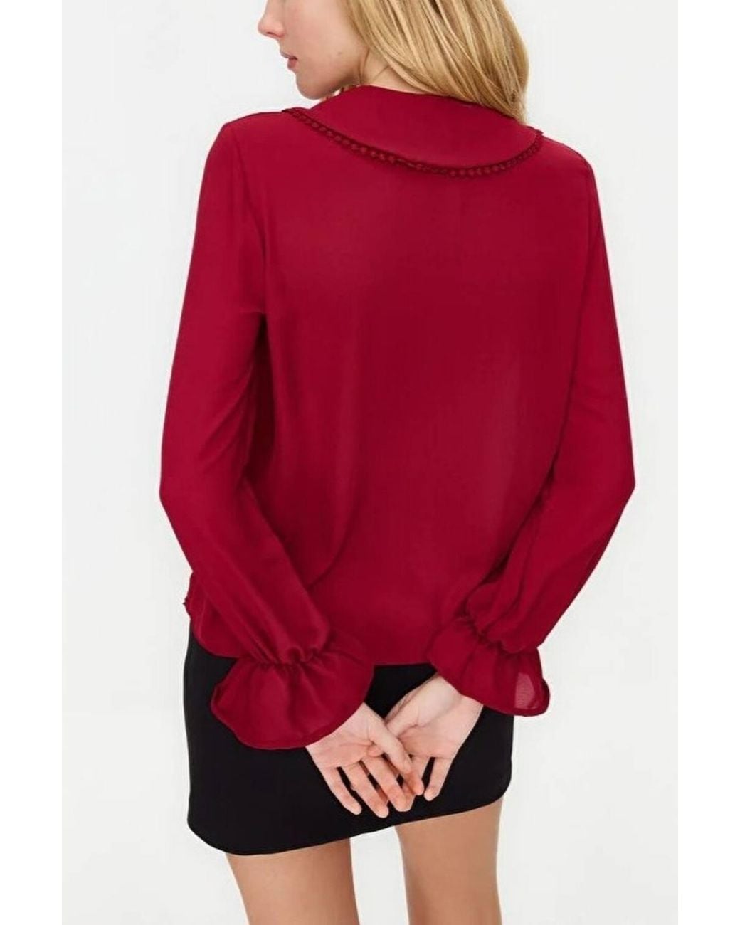 WOVCOR Red Woven Shirt W/ Baby-Collar & Balloon Sleeves