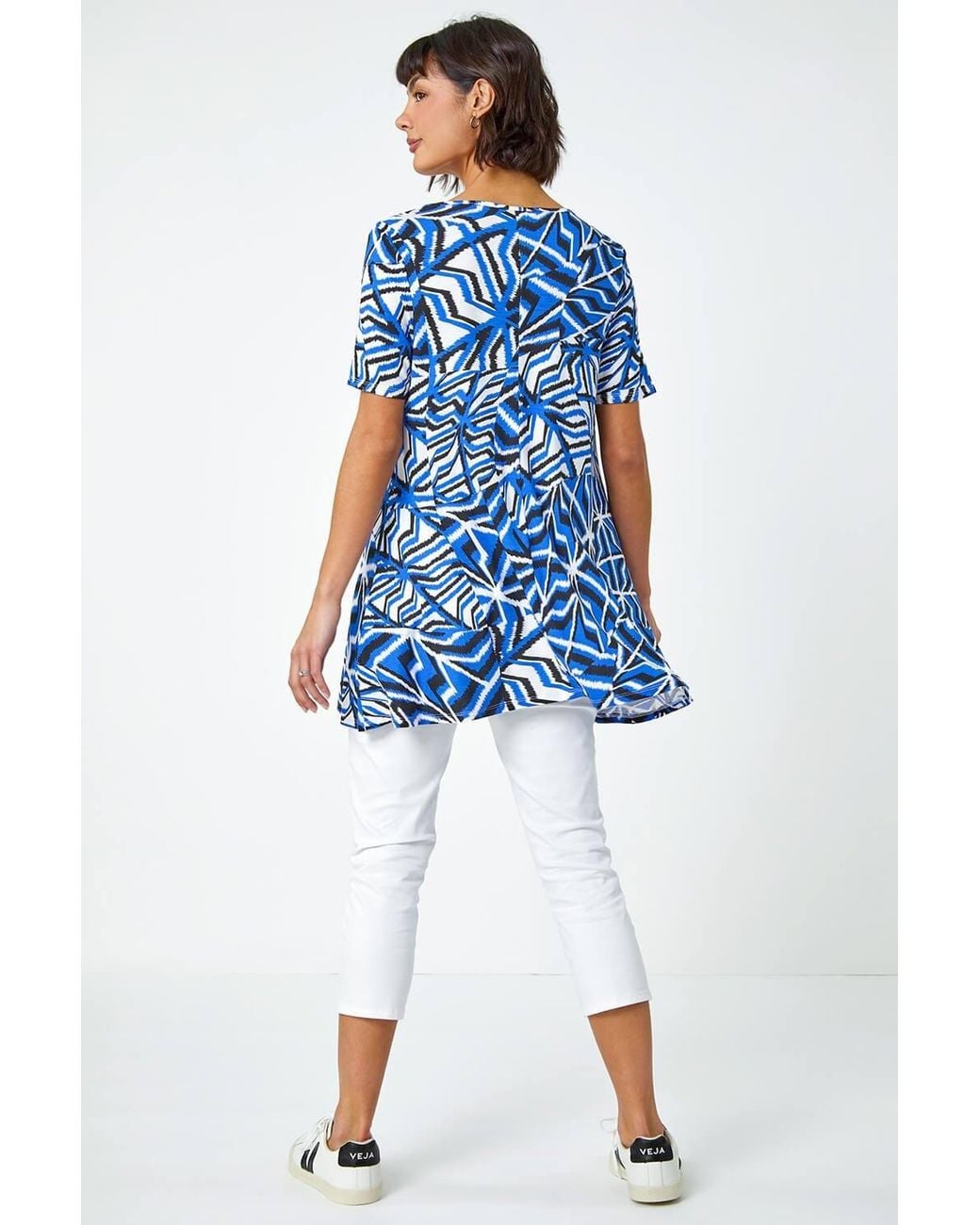 Roman Blue Abstract Print V-Neck Jersey Tunic Top