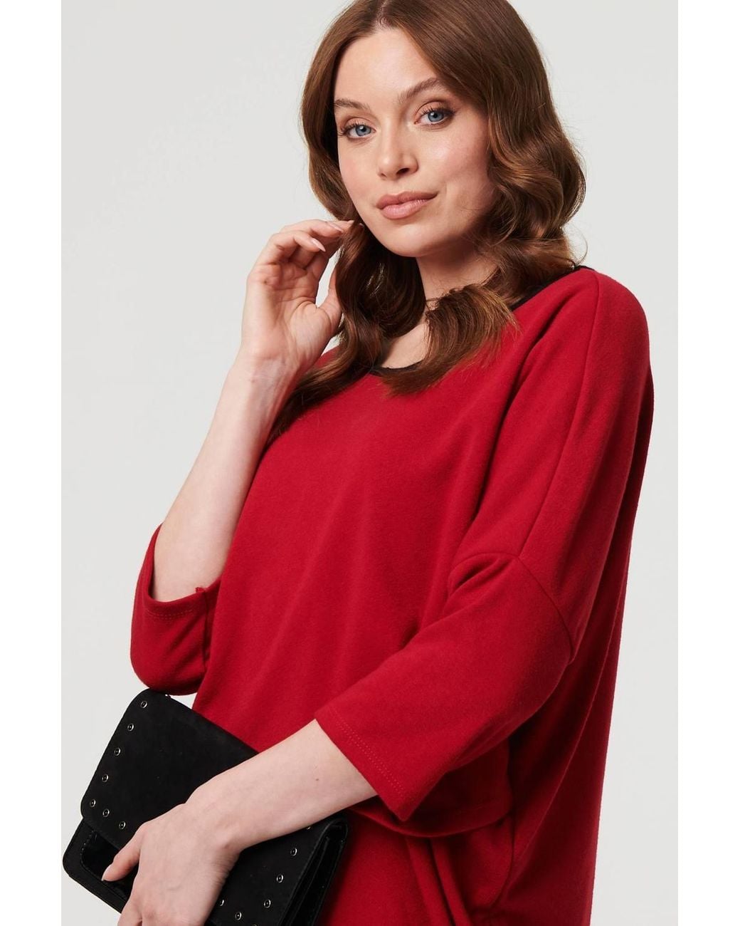 Izabel London Red Asymmetric Zip Hem 3/4 Sleeve Tunic Top