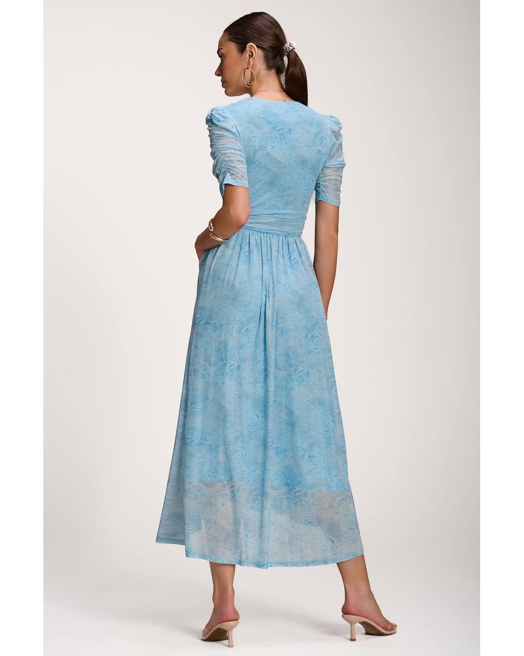 Jolie Moi Blue Printed Mesh Dip Hem Maxi Dress