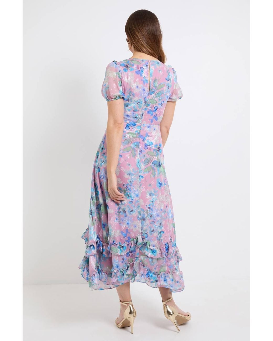 Wallis Multicolor Floral Satin Ruffle Hem Midaxi Dress