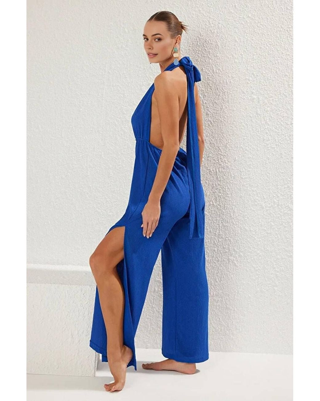 WOVCOR Blue Plunge Tie Waist Wide Leg Jumpsuit