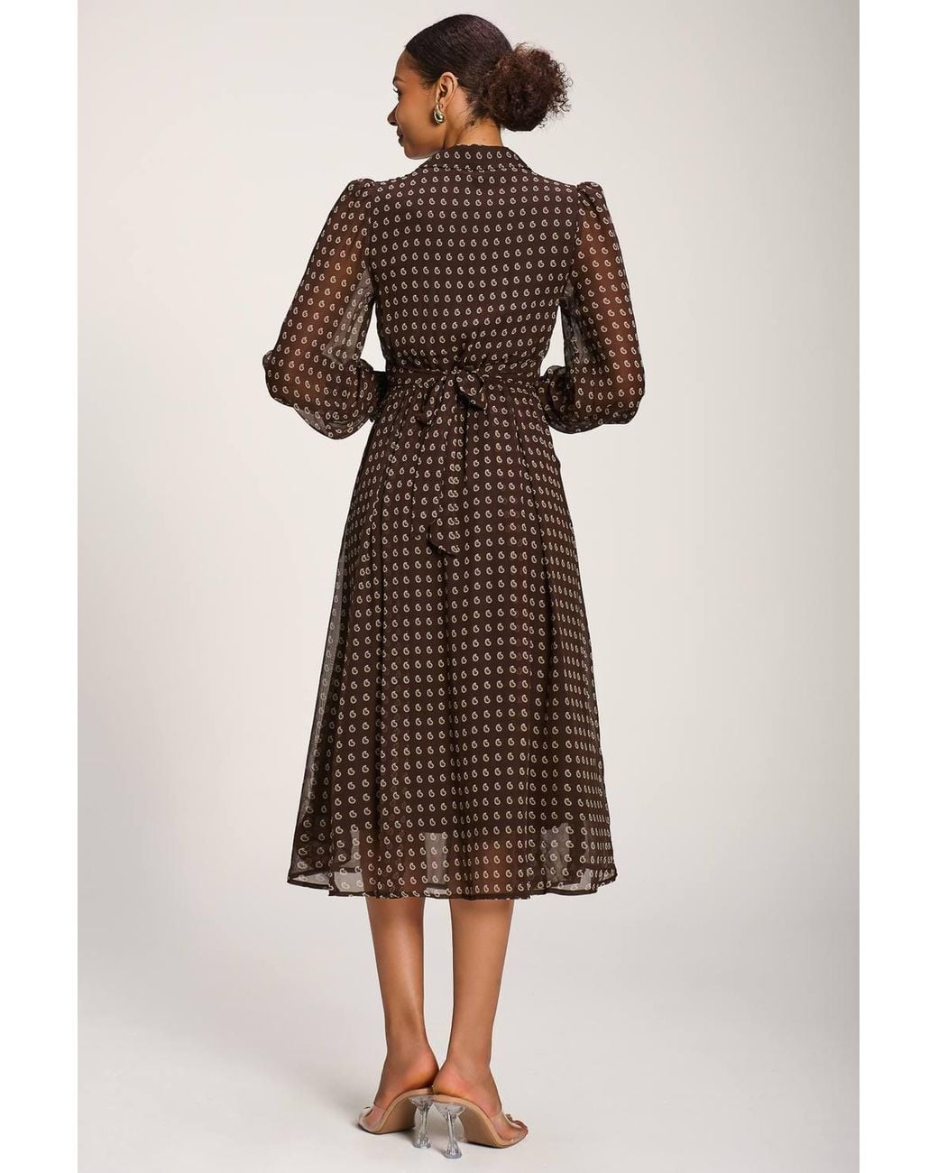 Jolie Moi Brown Chiffon Print Ruffled Shirt Dress