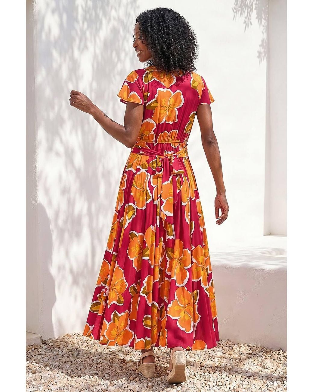 Roman Red Floral Print Ruched Midi Dress