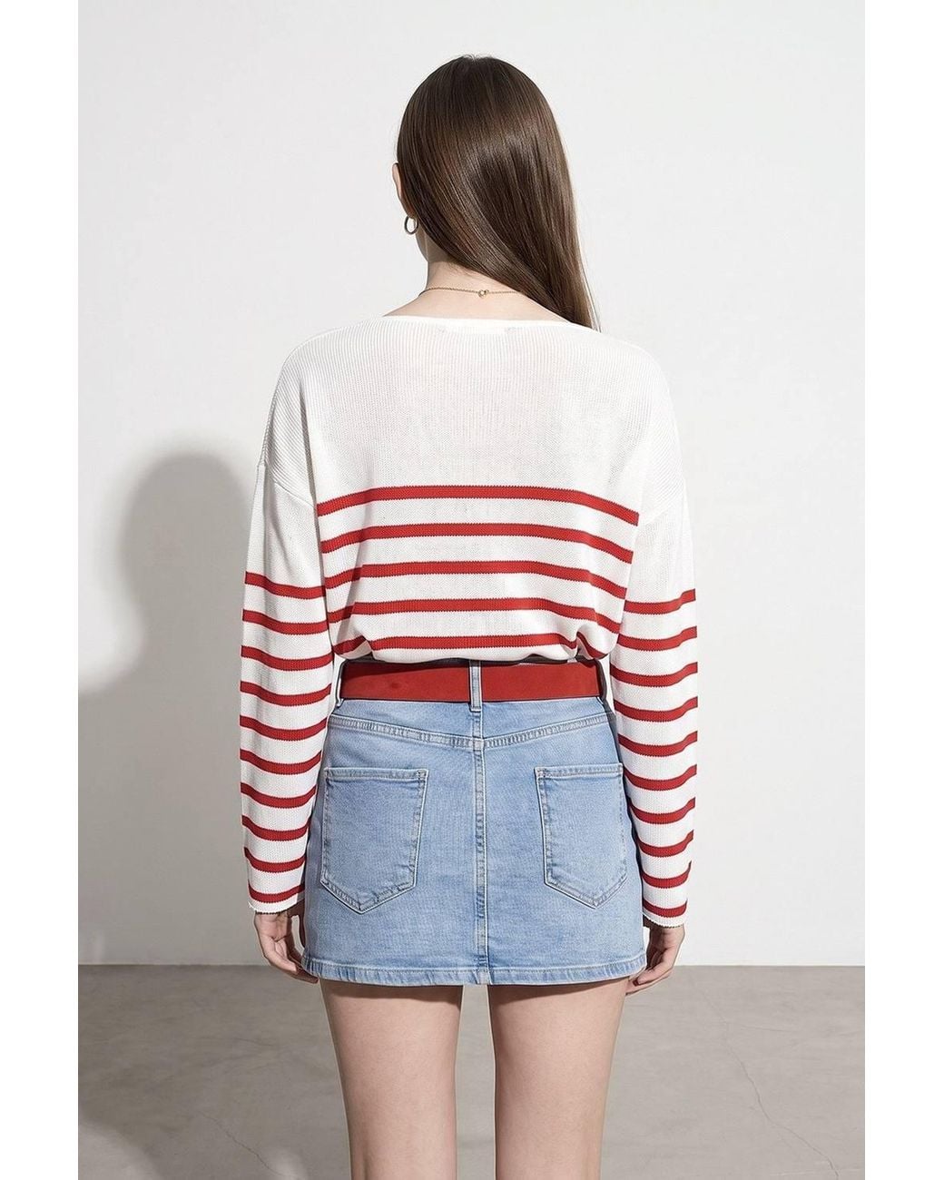 Dilvin Blue Striped V-Neck Ribbed Knit Sweater