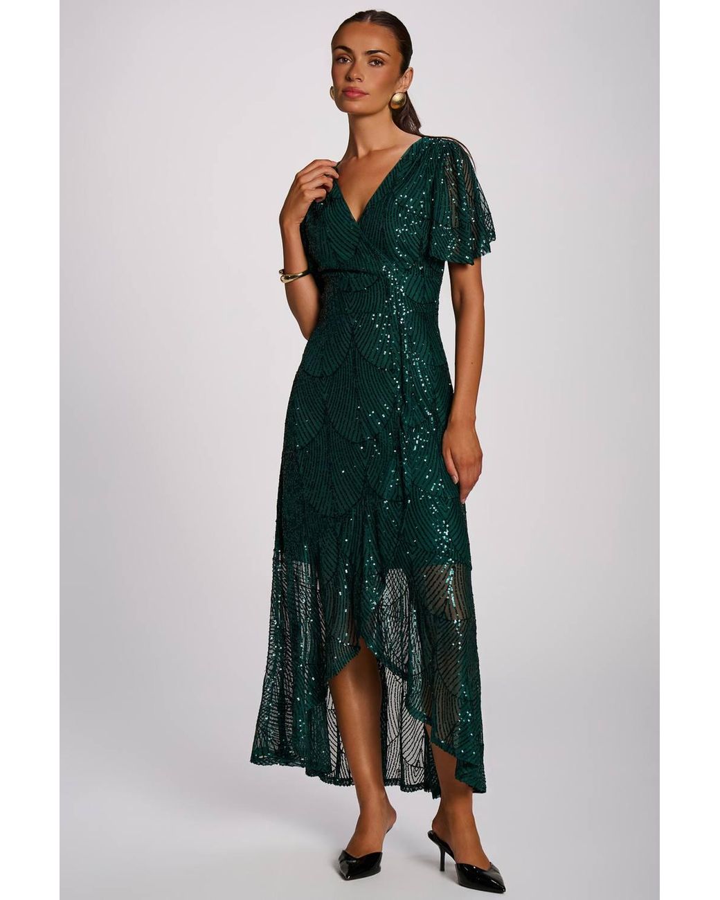 Jolie Moi Green Sequin Angel Sleeve Flare Hem Maxi Dress