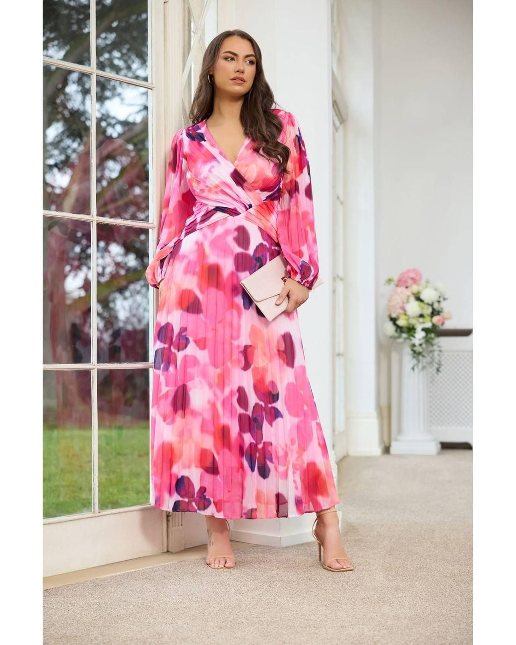 Yours Pink Abstract Pleated Maxi Dress