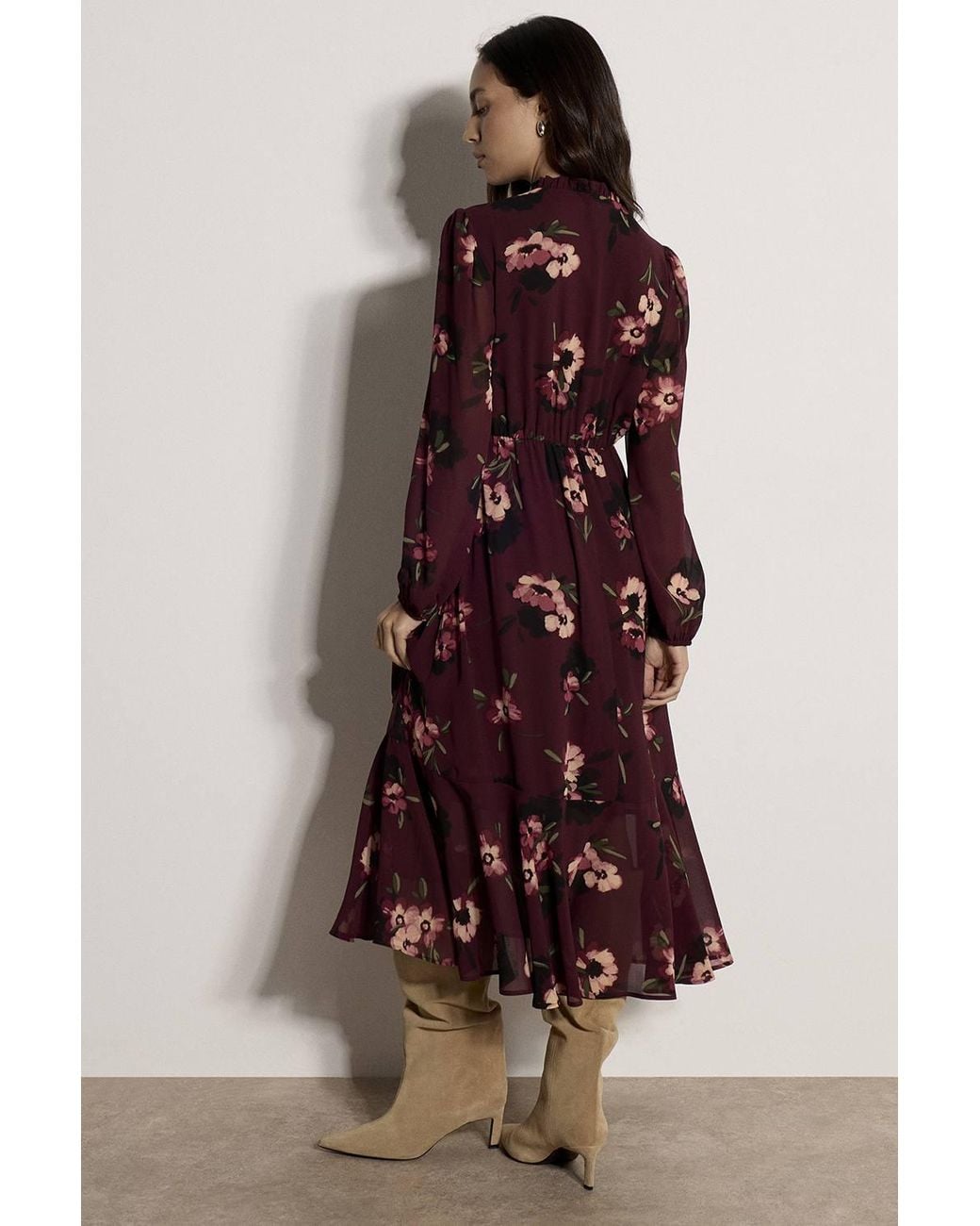 Apricot Brown Floral Print Chiffon Midi Dress