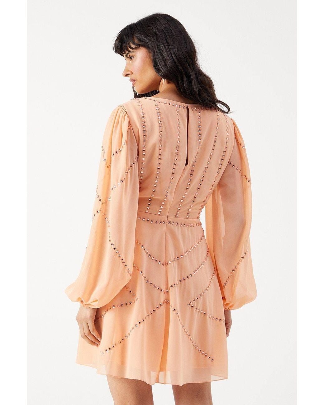 Warehouse Natural Premium Chiffon Embellished Sequin Plunge Neck Mini Dress