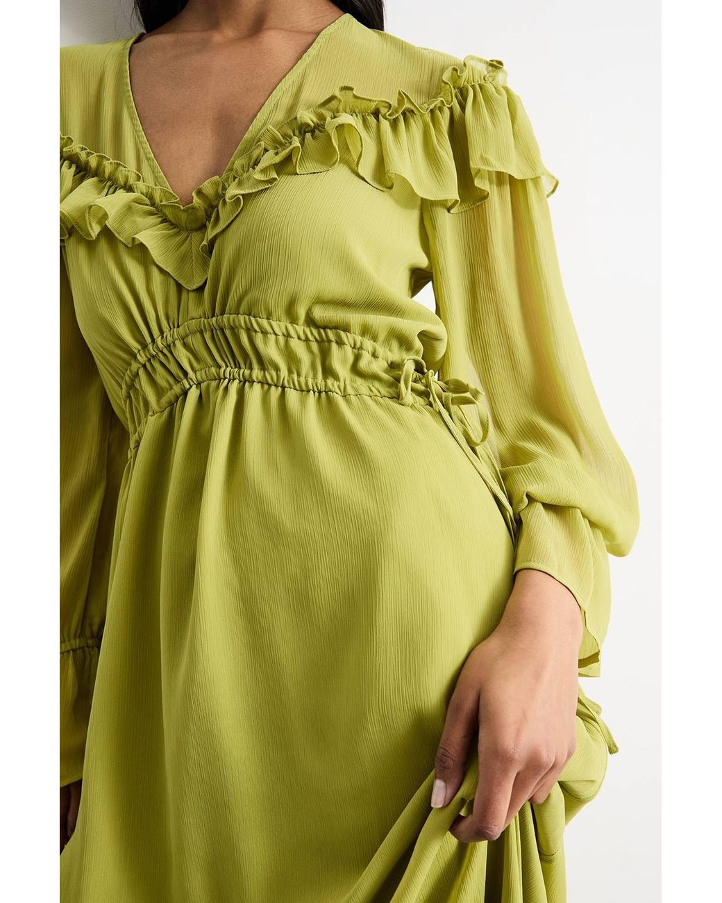 Warehouse Yellow Ruffle Shoulder Detail V Neck Boho Maxi Dress