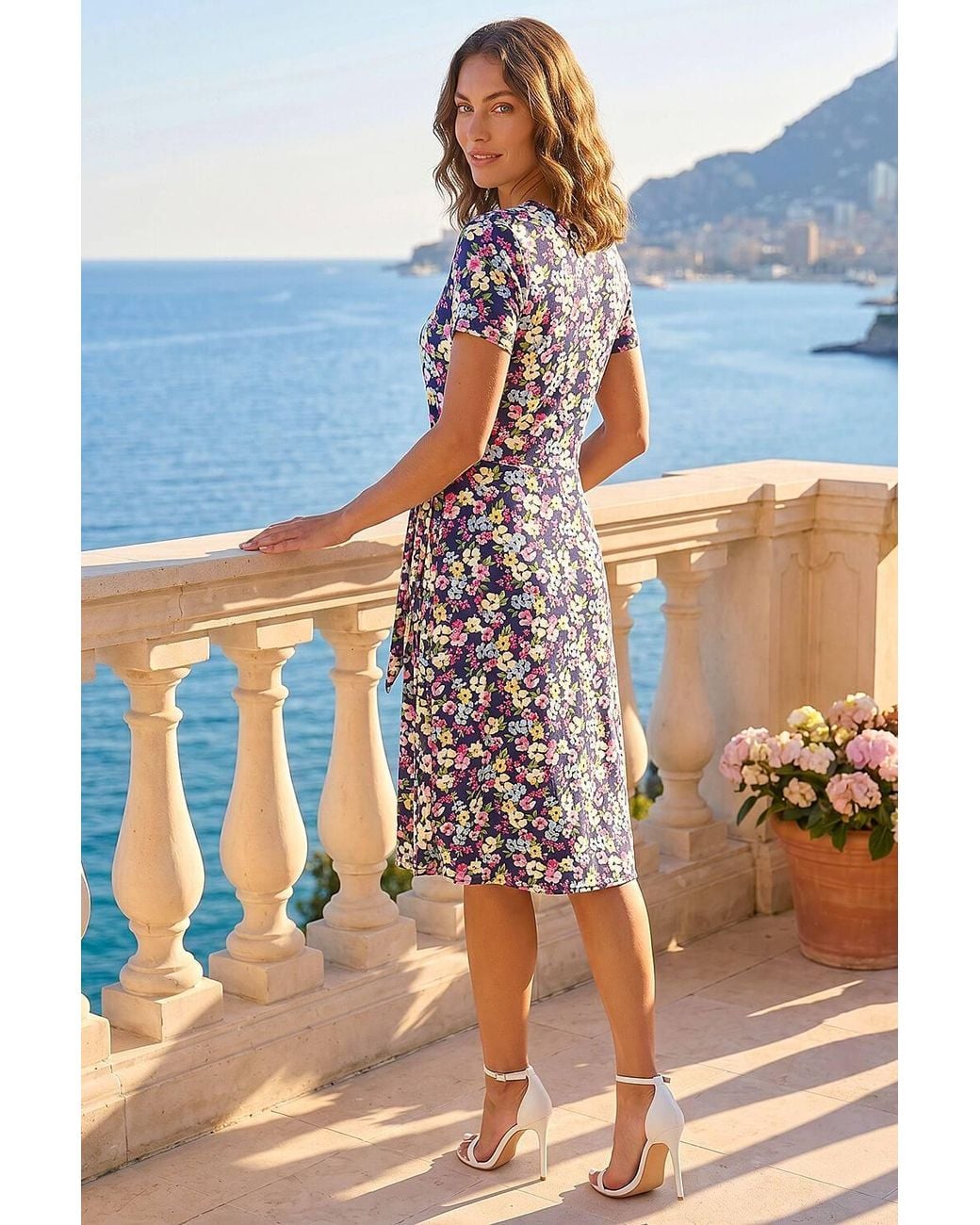 Roman Blue Petite Floral Side Tie Midi Dress