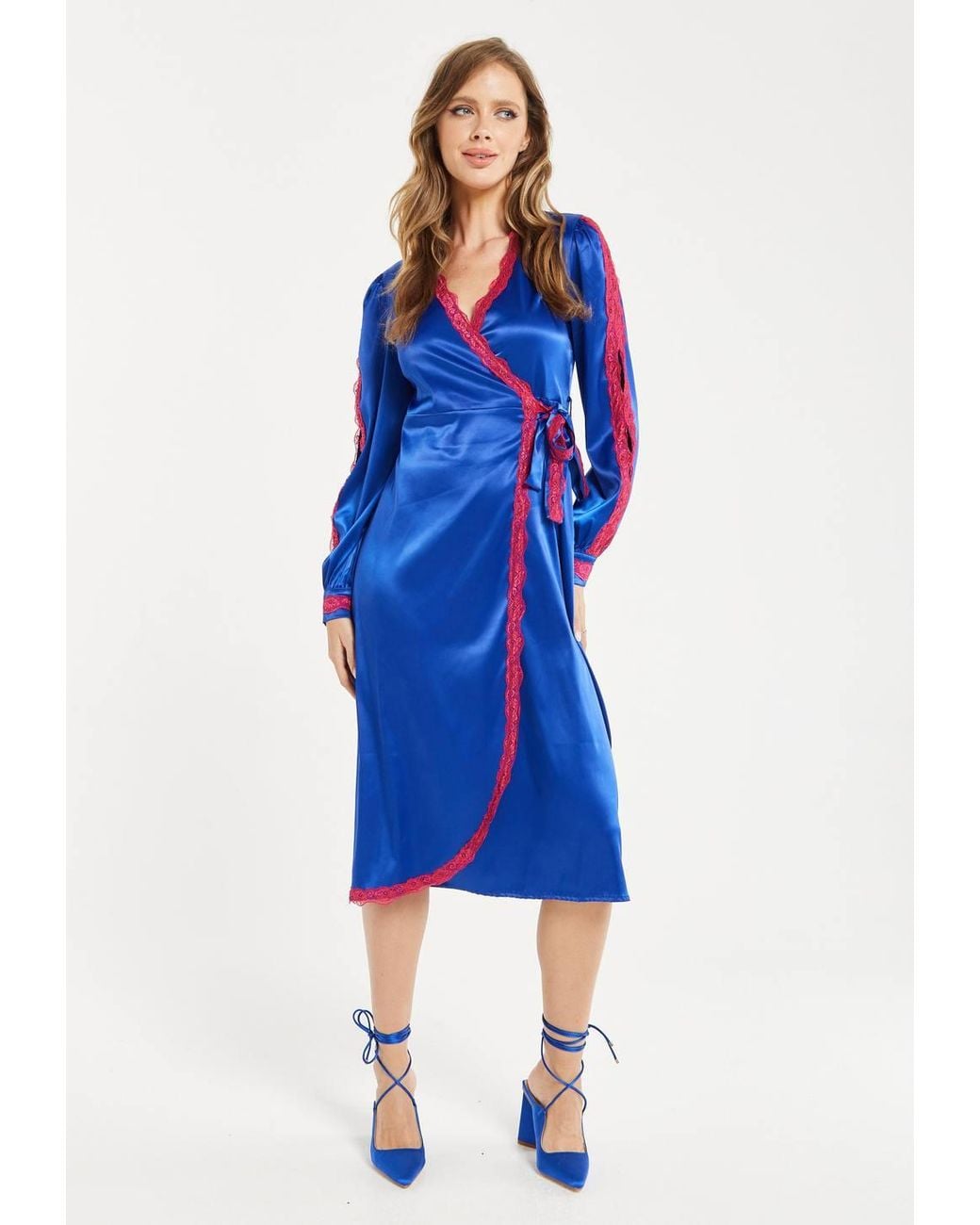 Liquorish Blue Royal Satin Midi Wrap Dress