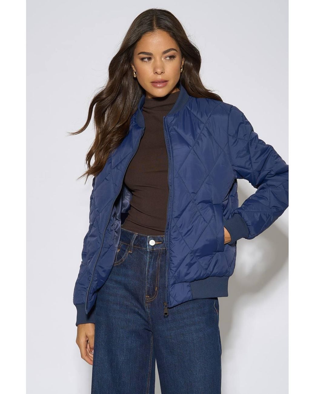 Gini London Blue Rib Trim Puffer Bomber Jacket