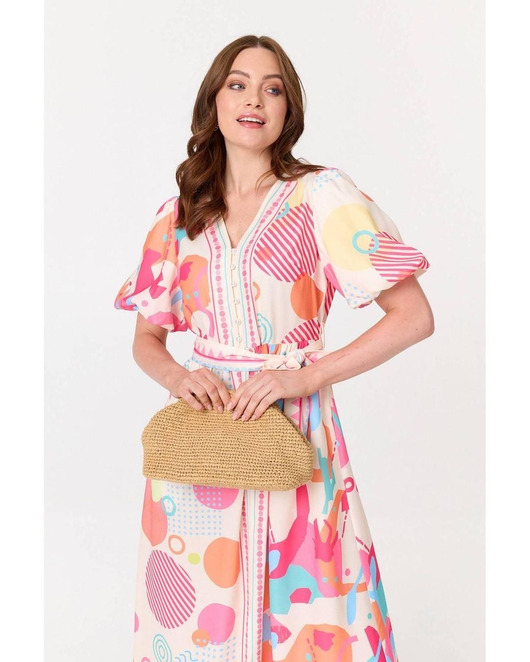 Izabel London Pink Abstract Short Puff Sleeve Midi Dress