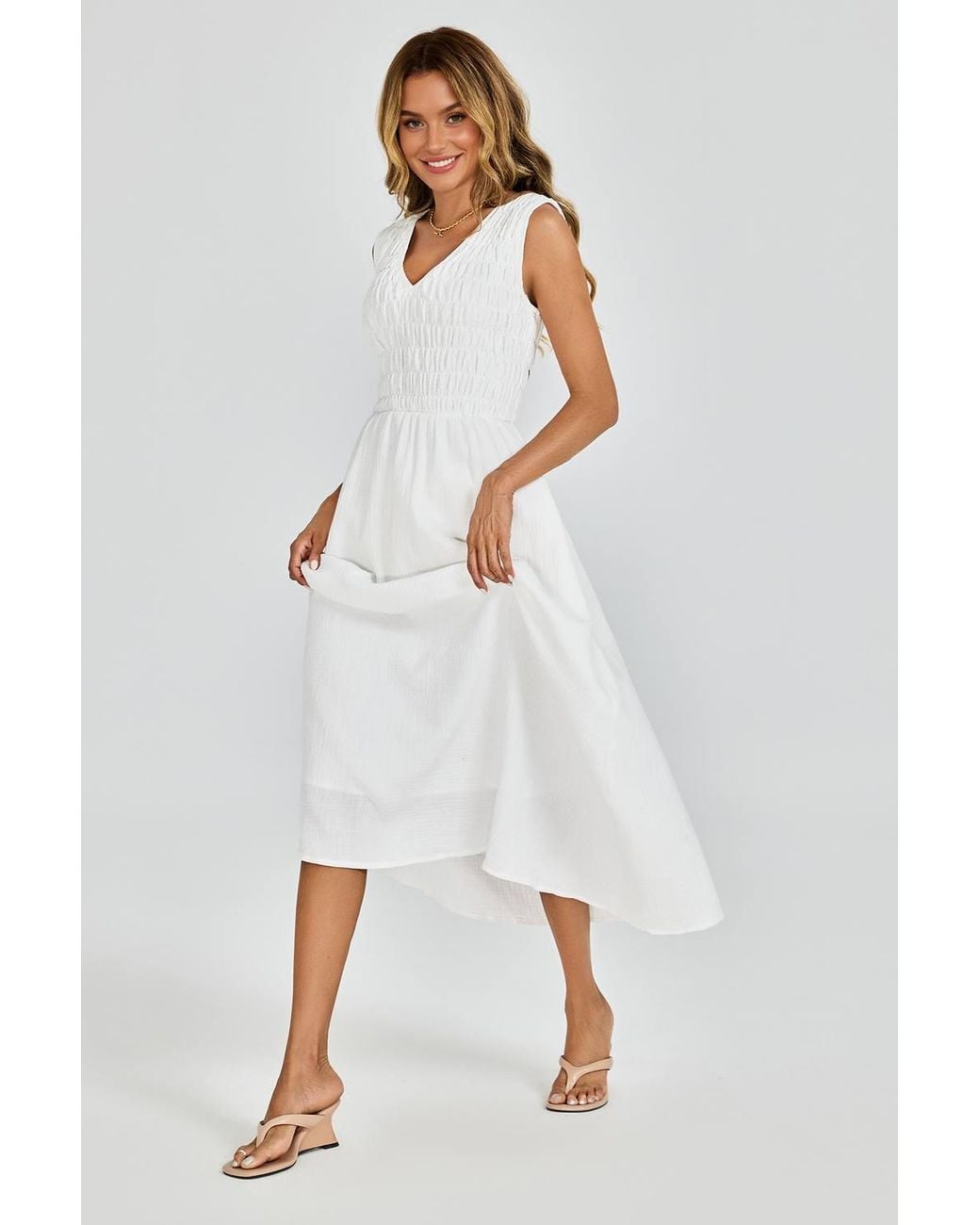 FS Collection White Sleeveless Shirred Bodice Midi Dress
