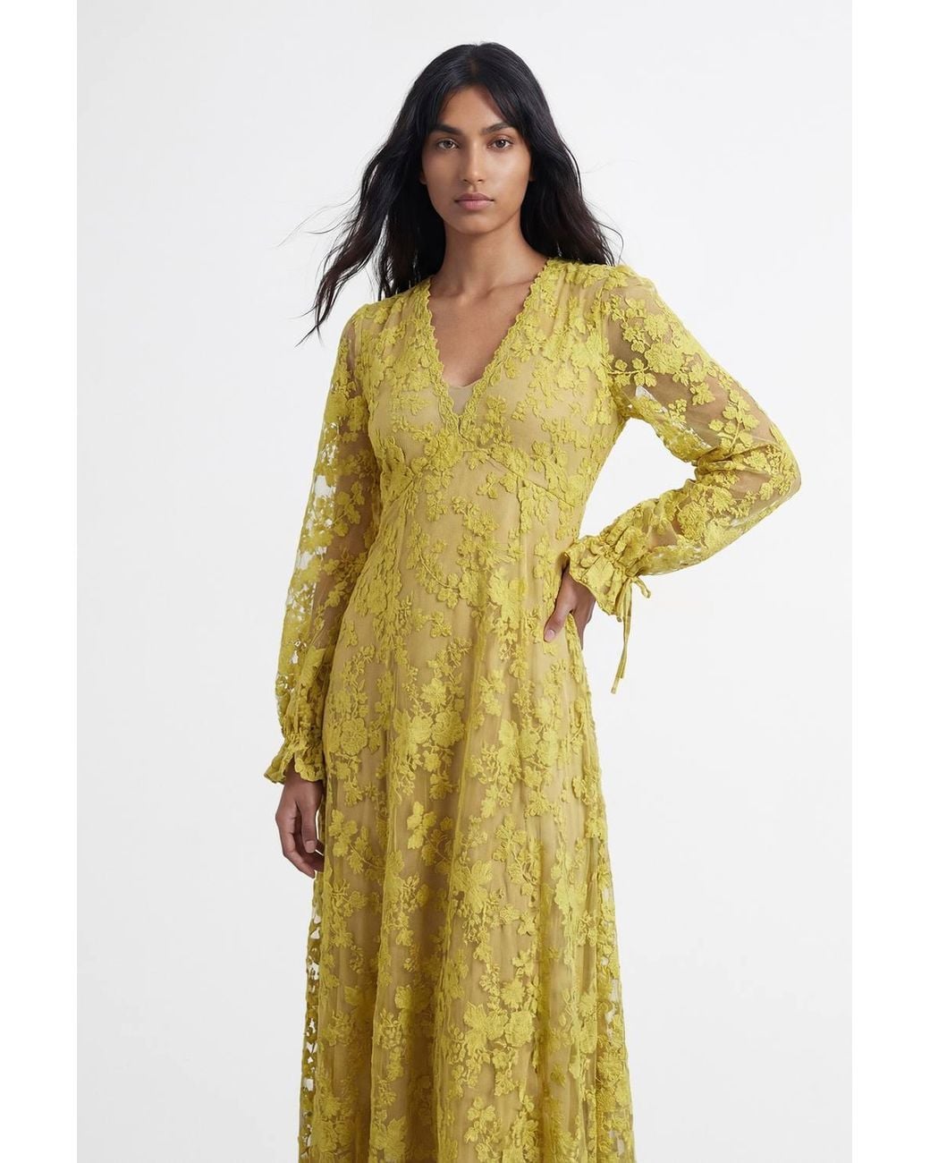 Warehouse Yellow Embroidered Organza Open Back Detail Maxi Dress