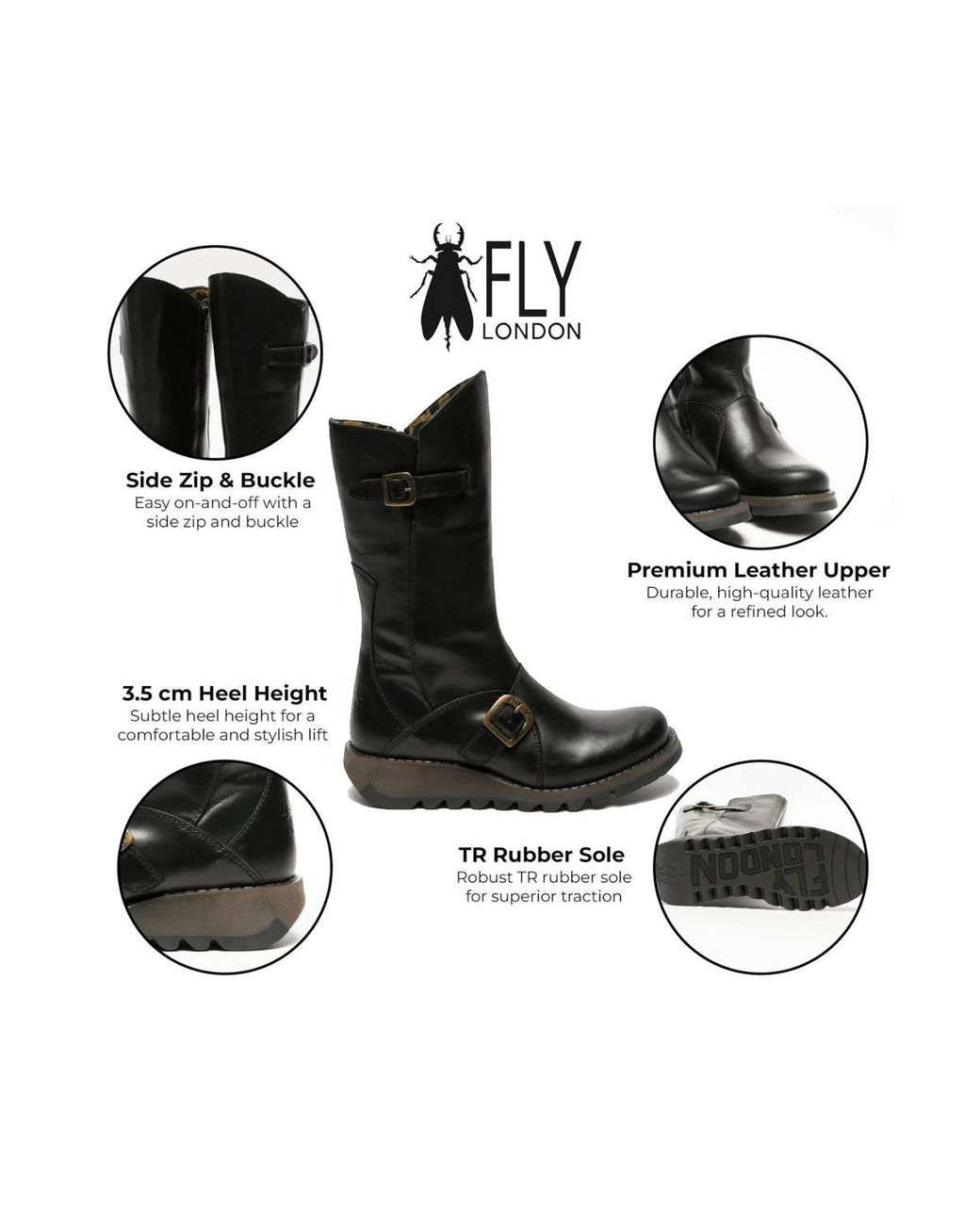 Infinity Leather Black Fly London Mes 2 Wedge Heel Buckle Mid-Calf Leather Zip Platform Boots