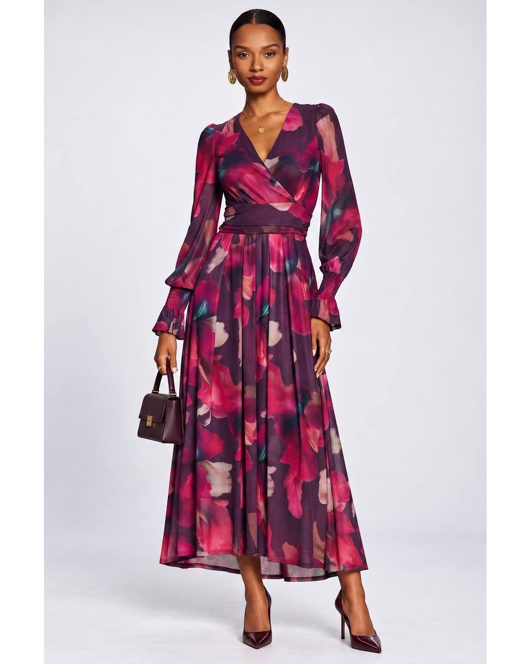 Jolie Moi Red Long Sleeve V Neck Mesh Maxi Dress