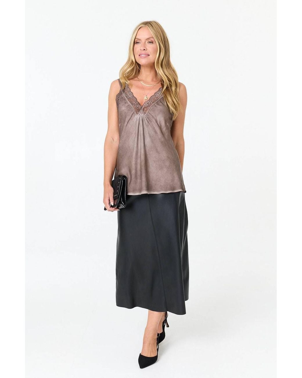 Izabel London Brown Lace Trim Satin Texture Vest Top