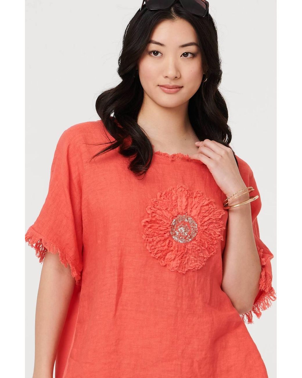 Izabel London Red Frayed Edge Floral Embellished Top