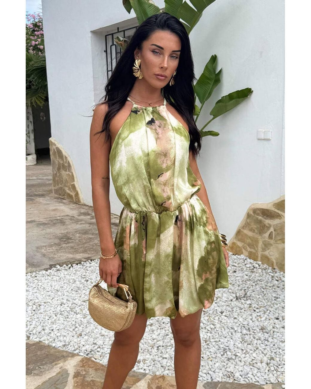 AX Paris Multicolor Marble Print Racer Neck Bubble Hem Mini Dress