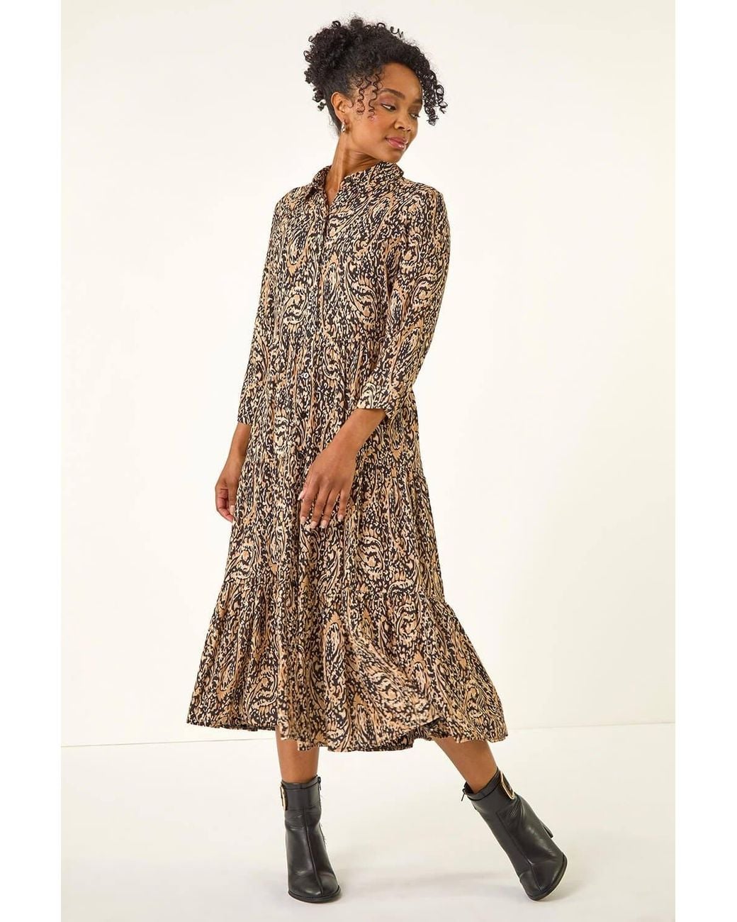 Roman Brown Petite Abstract Print Tiered Midi Dress