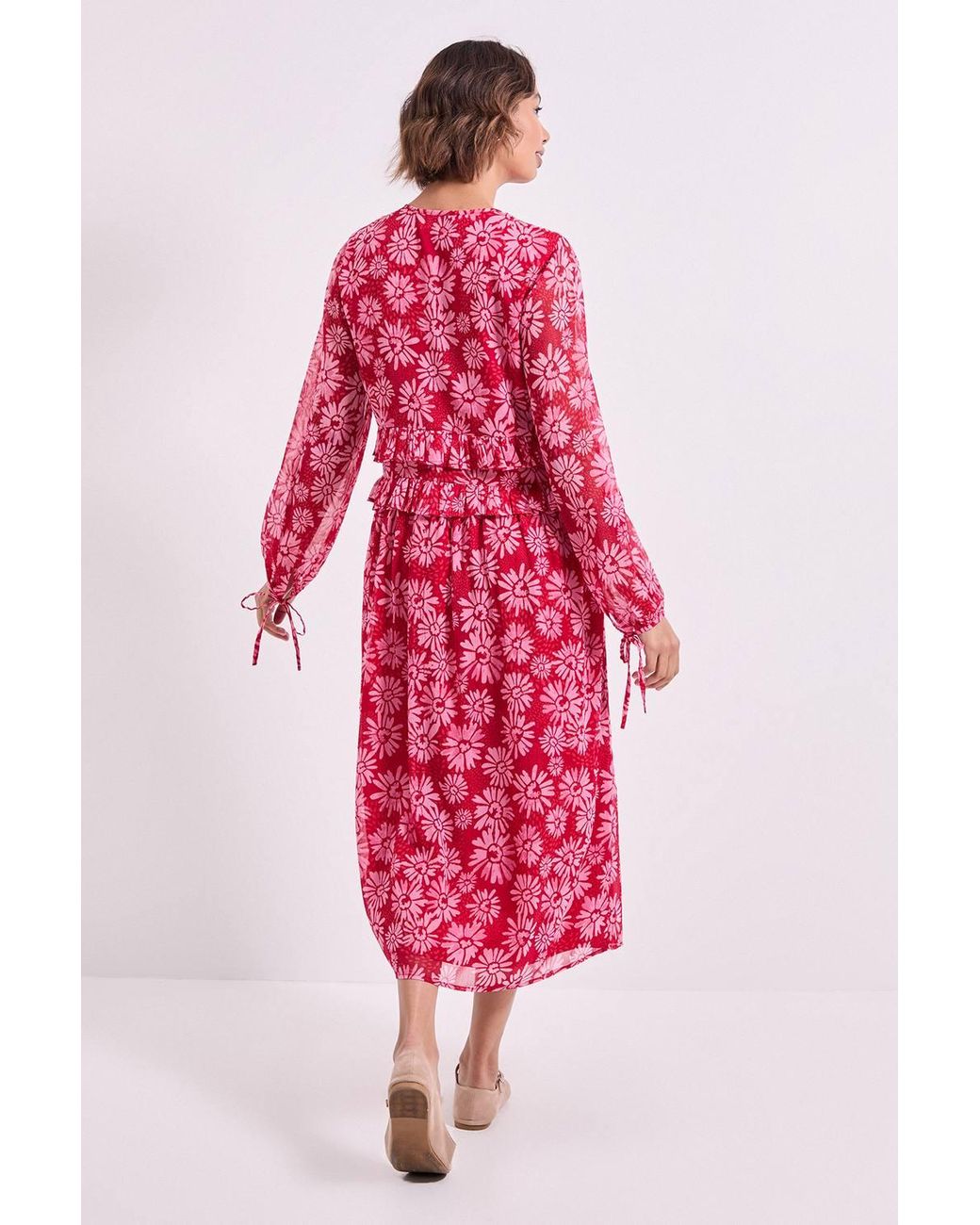 Dorothy Perkins Pink Daisy Tie Neck Frill Detail Trapeze Printed Midi Dress