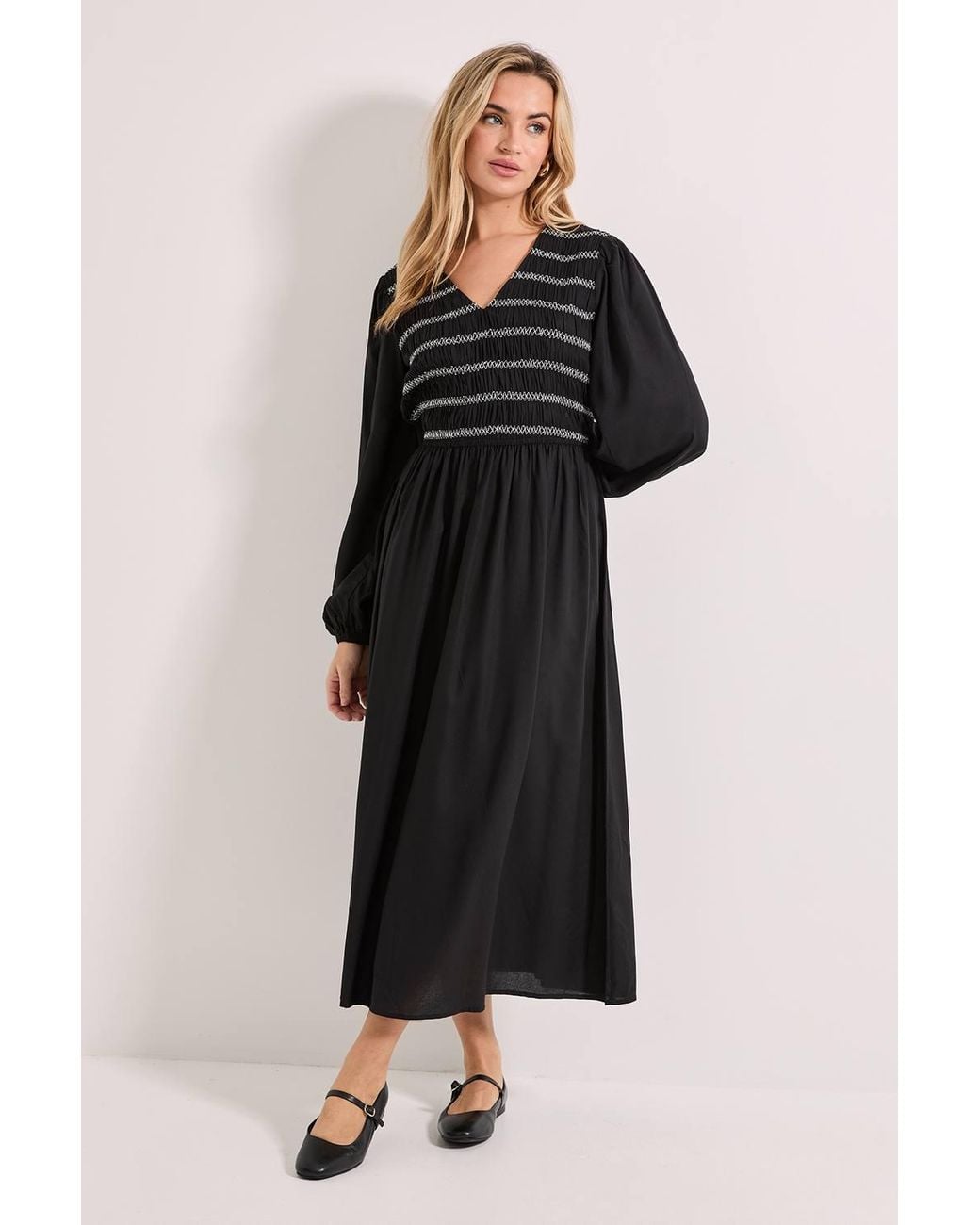 Dorothy Perkins Black Contrast Stitching Shirred Bodice V Neck Midi Dress