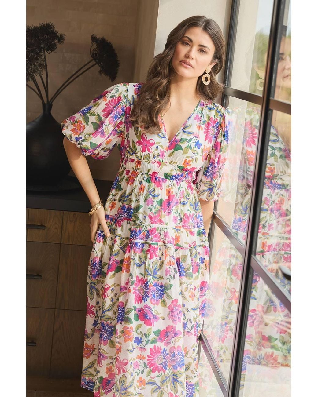 Izabel London Pink Floral 1/2 Puff Sleeve Midi Dress