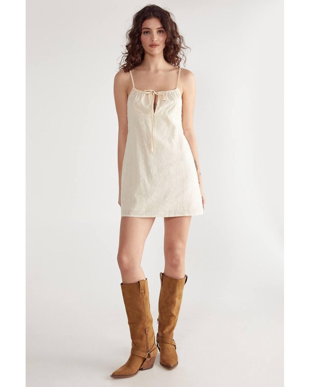 Nasty Gal Natural Broderie Ruched Tie Front Strappy Mini Dress