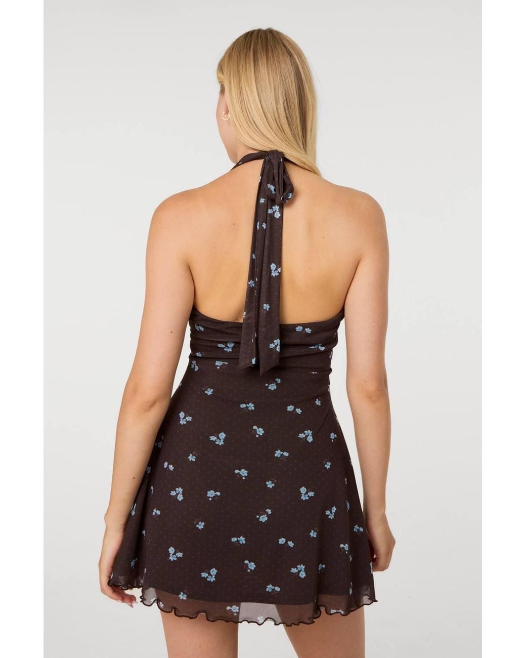 Pink Vanilla Black Floral Polka Dot Mesh Halter Dress