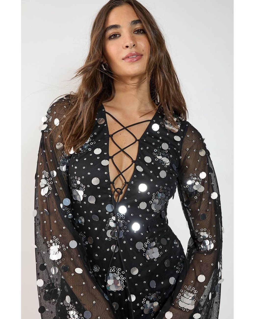 Nasty Gal Black Disc Cluster Embellished Lace Up Fluted Sleeve Mini Dress