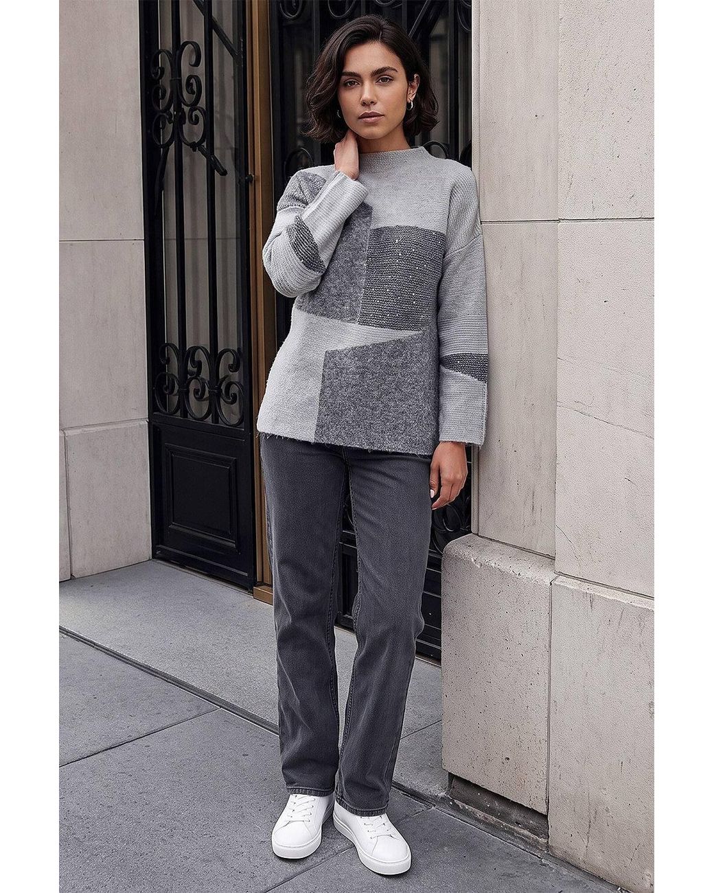Roman Gray Colour Block Knit Jumper