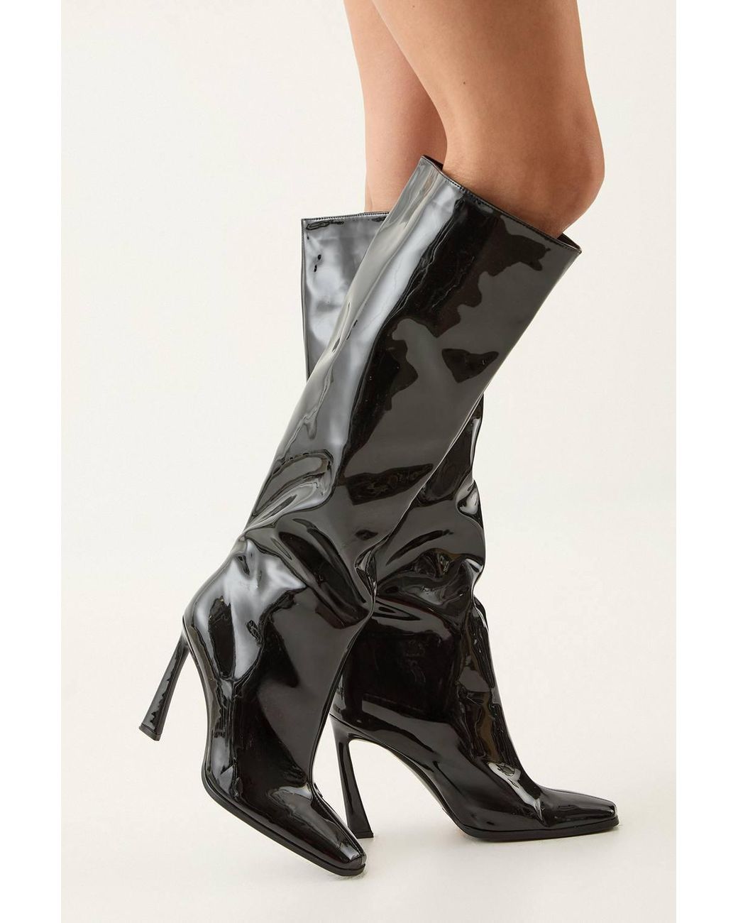 MissPap Black Faux Patent High Flared Stiletto Heel Knee Boots