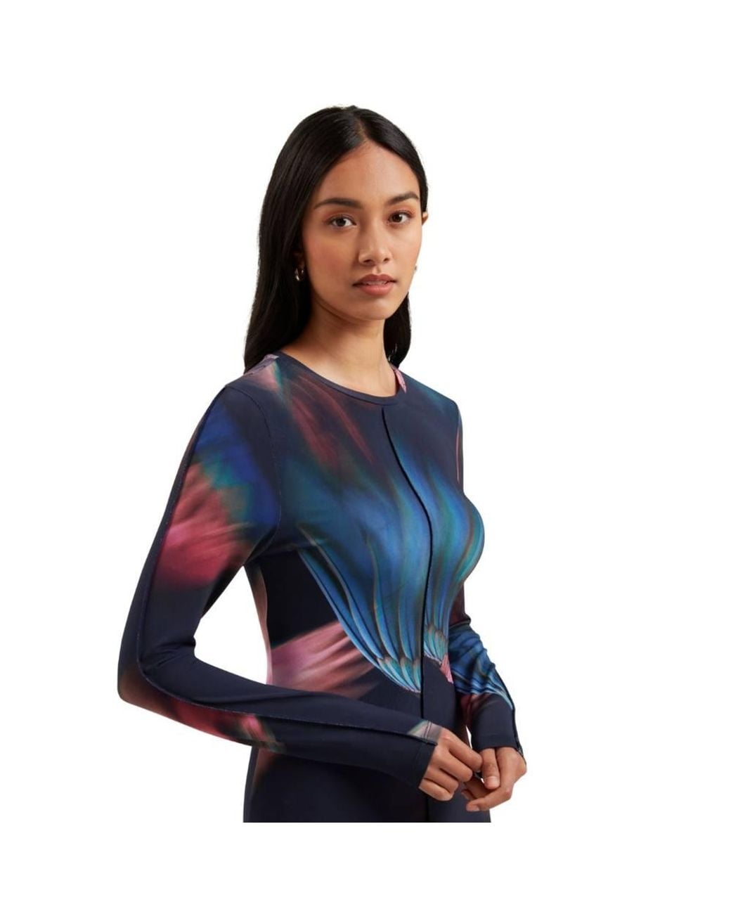 Ted Baker Blue Georii Long Sleeve Round Neck Regular Fit Midi Dress