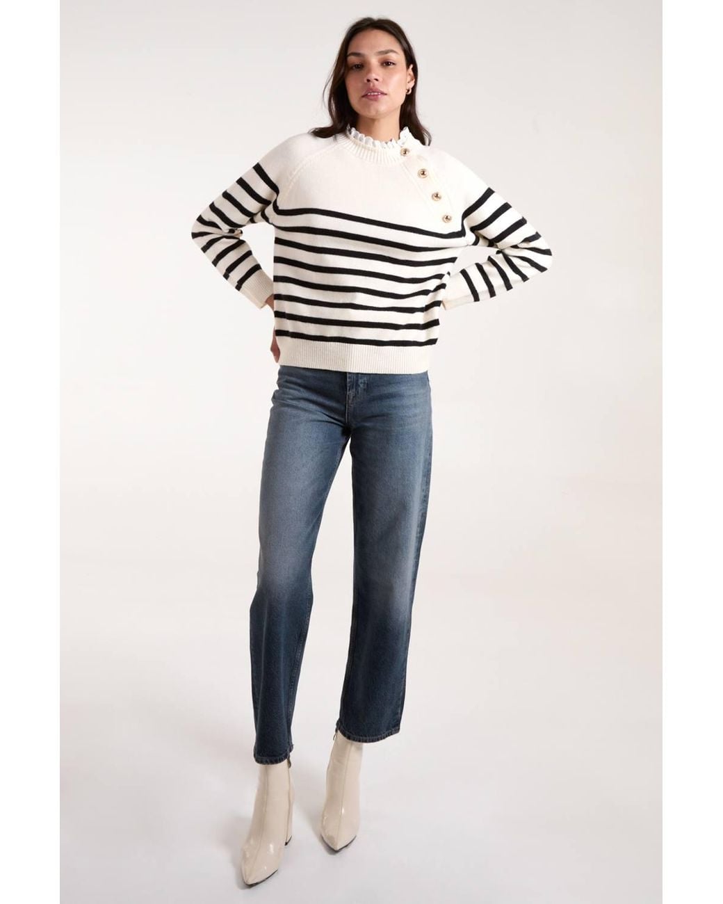 Blue Vanilla White Horizontal Stripes Button Details Jumper