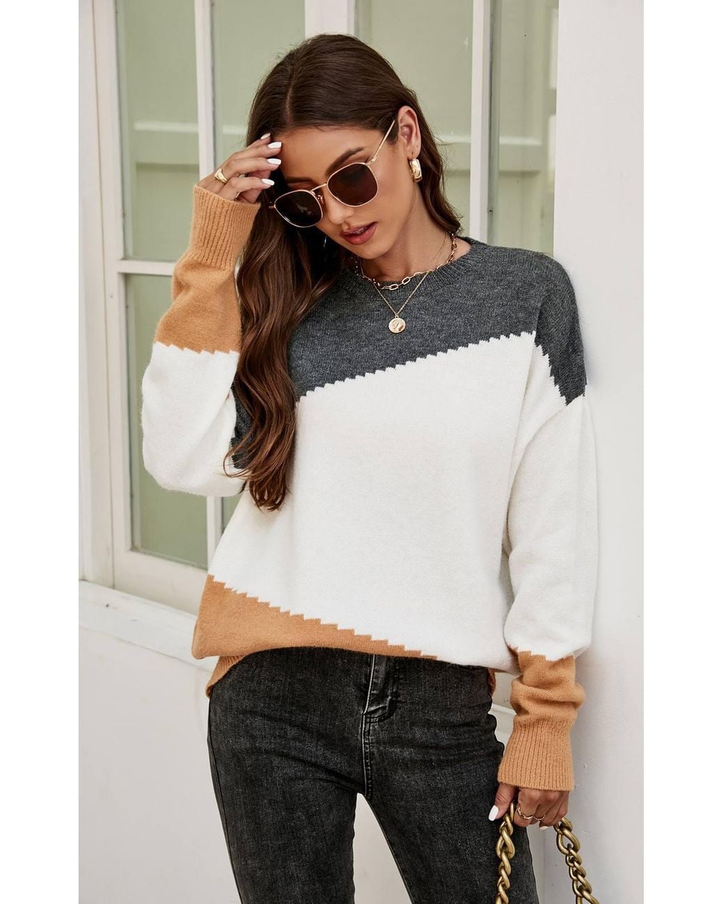 FS Collection White Camel Block Colour Jumper Top