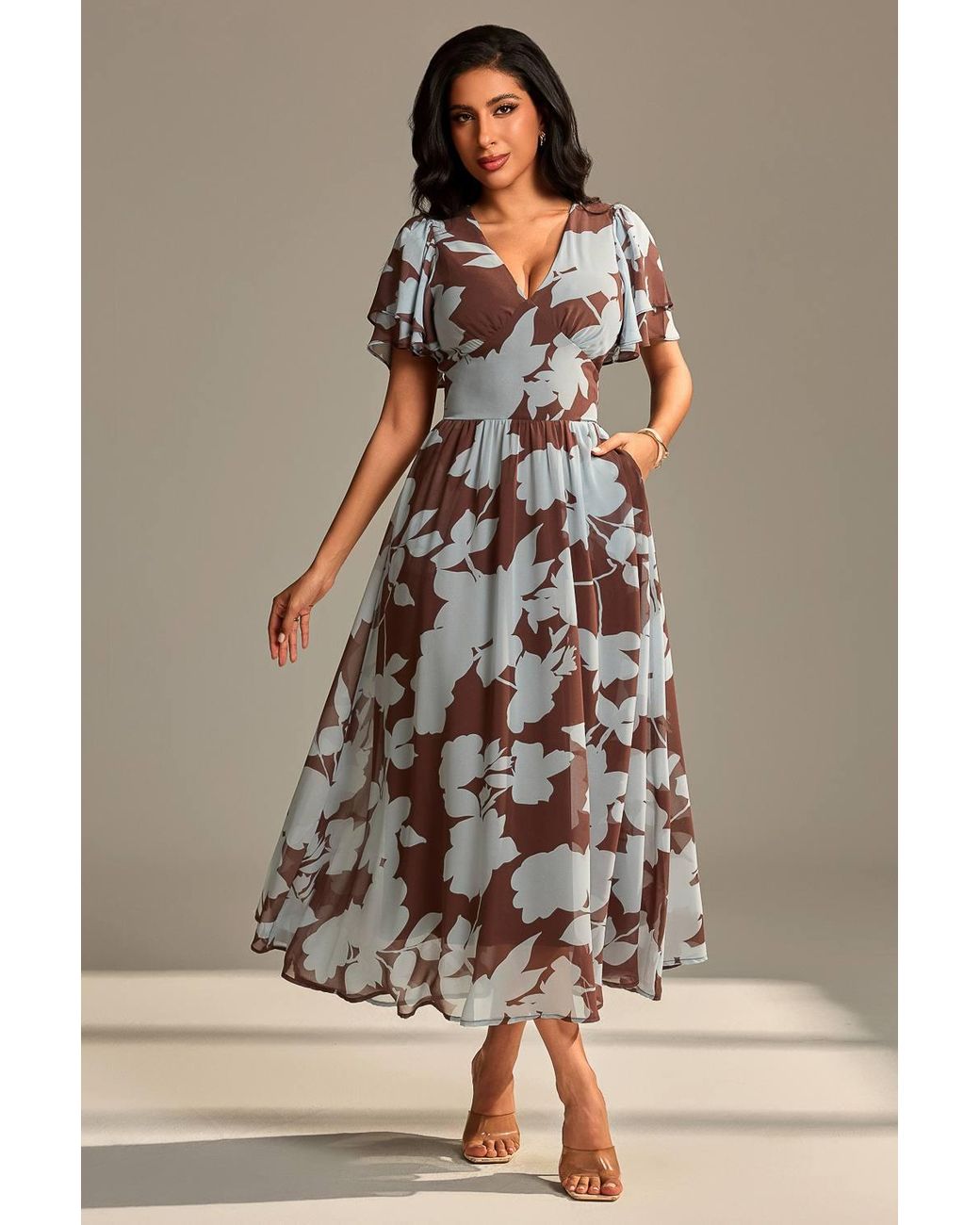 Jolie Moi Brown Layered Angel Sleeved Chiffon Maxi Dress
