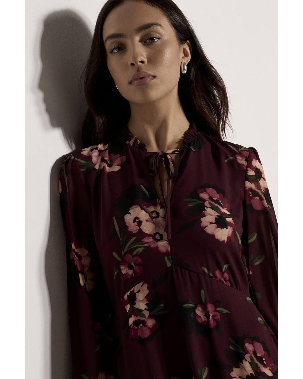Apricot Brown Floral Print Chiffon Midi Dress