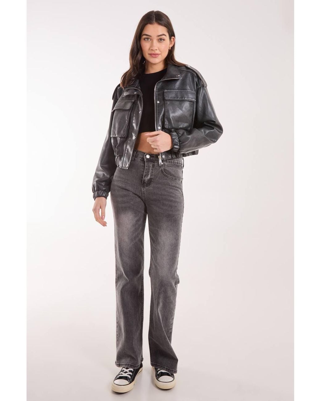 Pink Vanilla Black Pu Utility Cropped Bomber Jacket