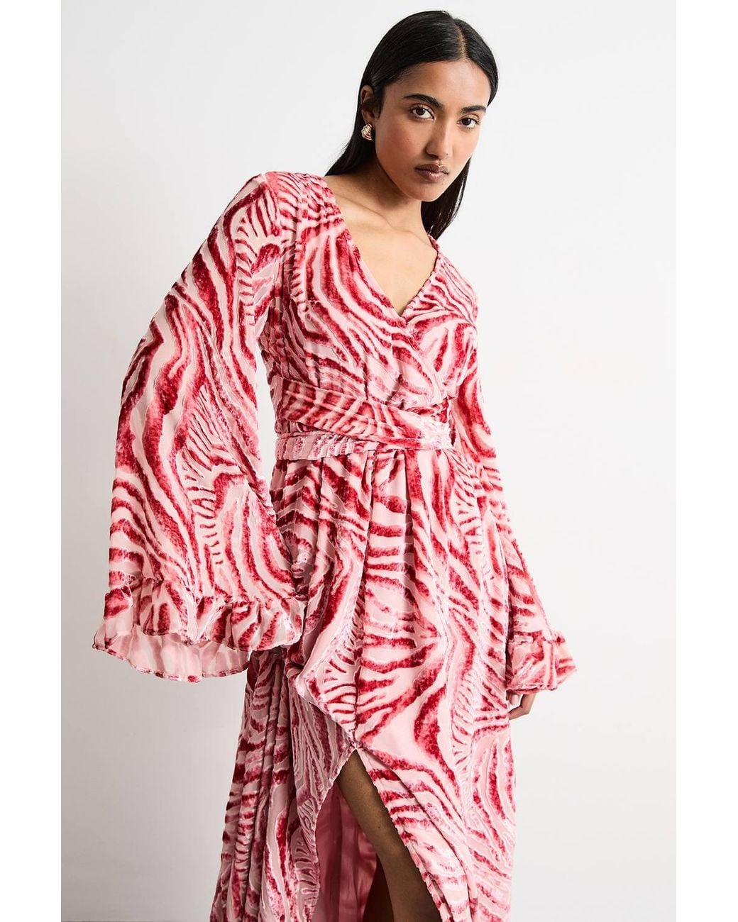 Warehouse Pink Burnout Velvet Plunge Neck Flared Sleeve Belted Maxi Dress