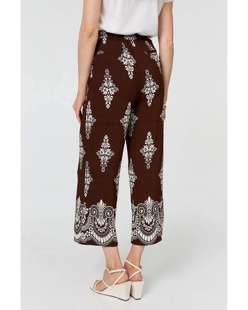 Izabel London White Border Print High Waist Wide Trousers