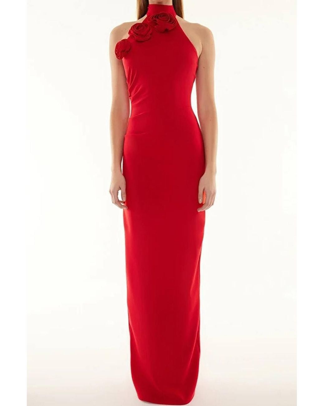 WOVCOR Red Woven Maxi Elegant Evening Dress W/ Rose Detail
