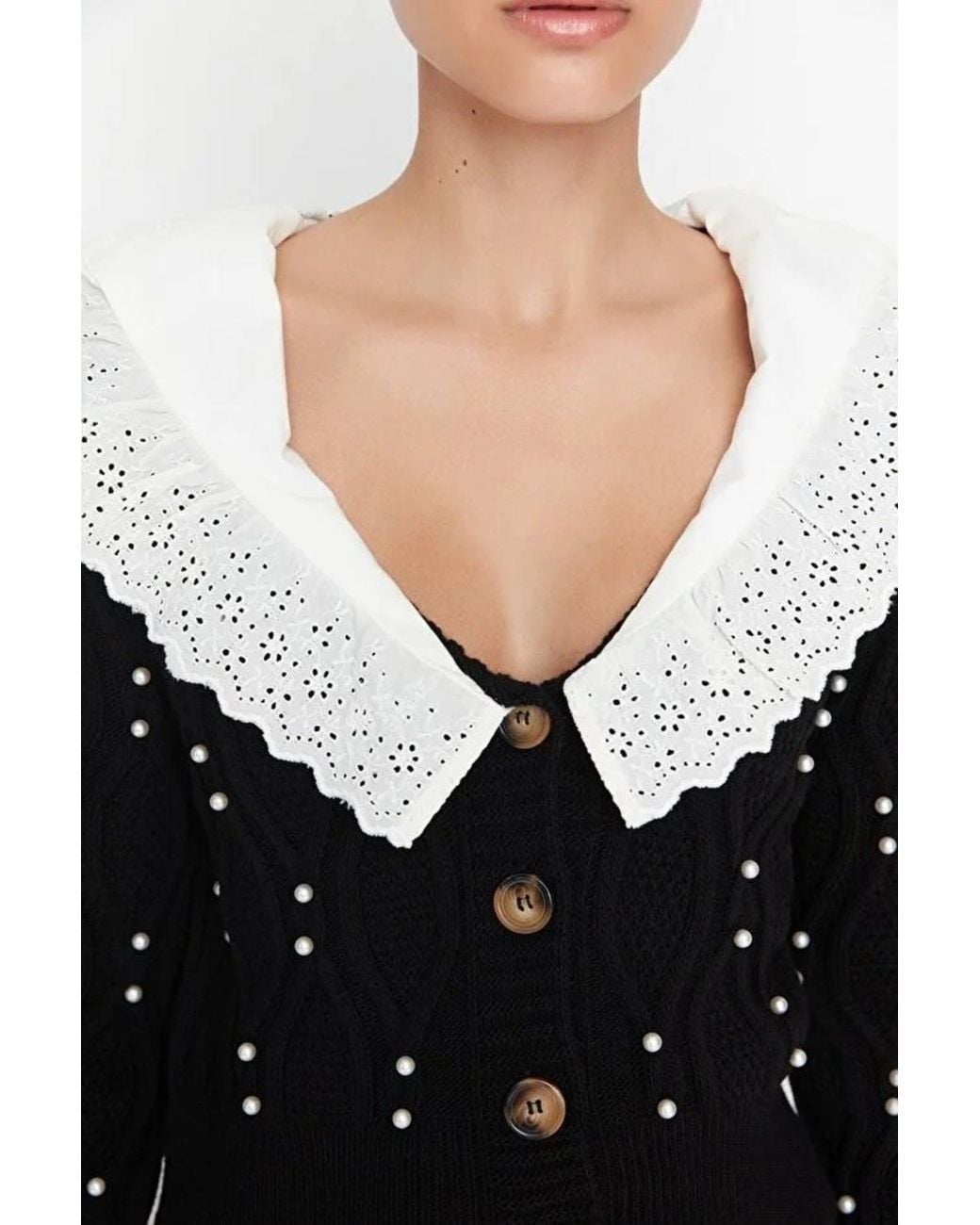 WOVCOR Black Shirt Woven Garni Collar Detailed Knit Cardigan