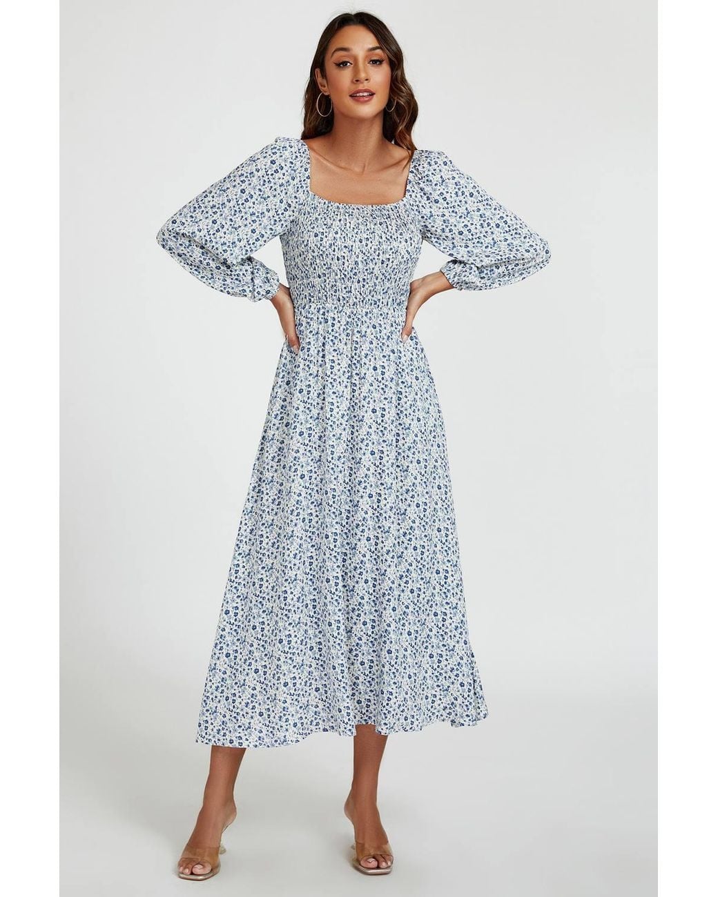 FS Collection Blue Print Square Neck Midi Dress W/ Long Sleeves