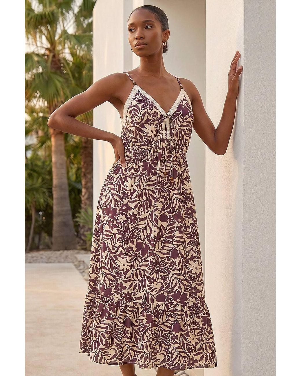 Roman Brown Petite Abstract Crochet Trim Dress