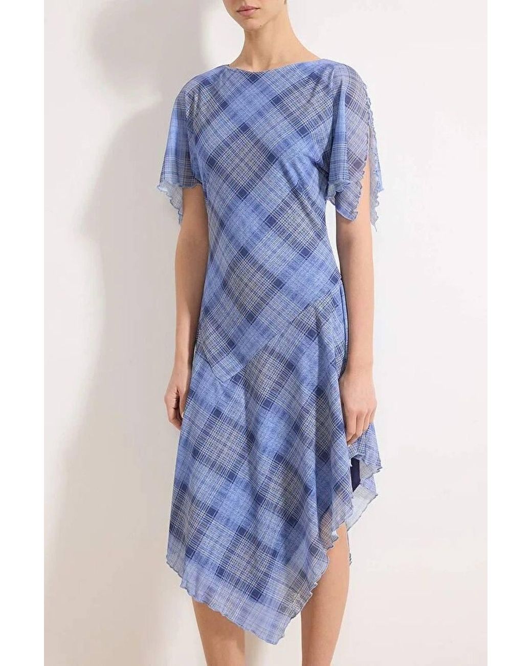 WOVCOR Blue Check Asymmetric Hem Angel Sleeve Midi Dress